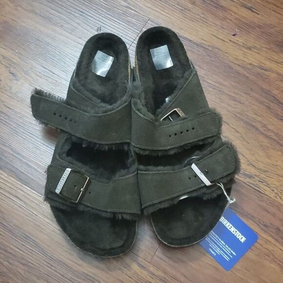NWT Birkenstock Arizona Brown Suede Shearling Fur-Lined Wide Footbed Size 43